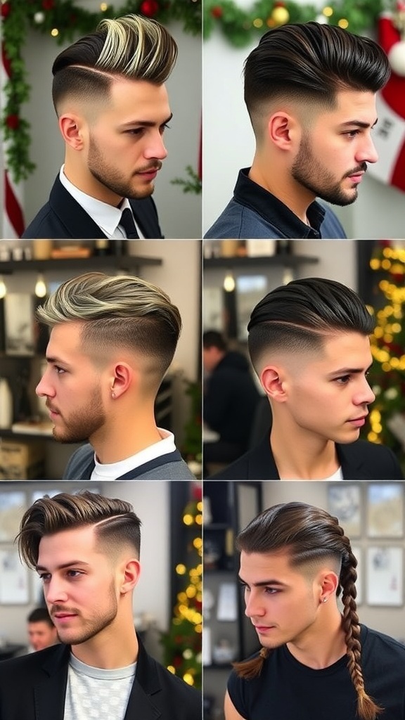 Collage of trendy Christmas hairstyles for men including pompadour, textured crop, and braids.